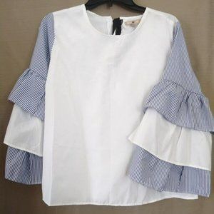 IKY&ME womas white and blue long ruffly sleeve blouse